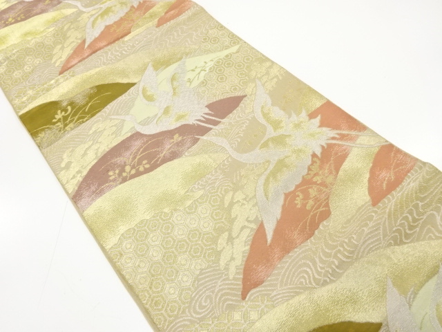 JAPANESE KIMONO / ANTIQUE FUKURO OBI / WOVEN CRANE & FLOWER